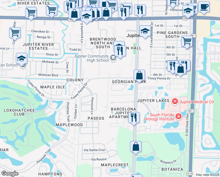 map of restaurants, bars, coffee shops, grocery stores, and more near 306 Georgian Park Drive in Jupiter