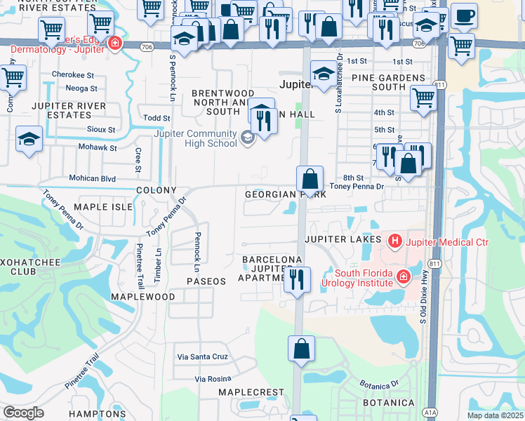 map of restaurants, bars, coffee shops, grocery stores, and more near 201 Georgian Park Drive in Jupiter