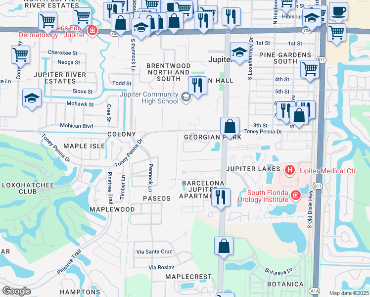 map of restaurants, bars, coffee shops, grocery stores, and more near 307 Georgian Park Drive in Jupiter