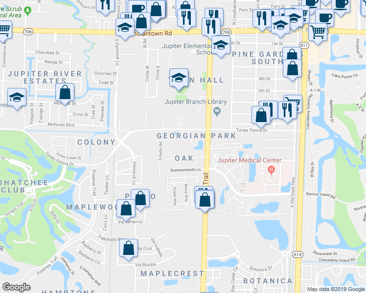 map of restaurants, bars, coffee shops, grocery stores, and more near 201 Georgian Park Drive in Jupiter