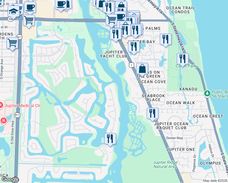 map of restaurants, bars, coffee shops, grocery stores, and more near 3128 Casseekey Island Road in Jupiter
