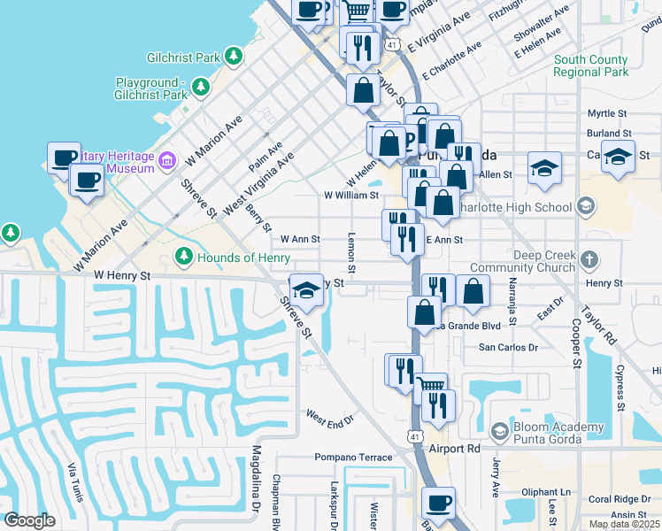 map of restaurants, bars, coffee shops, grocery stores, and more near 321 West Grace Street in Punta Gorda
