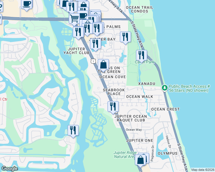 map of restaurants, bars, coffee shops, grocery stores, and more near 171 Seabreeze Circle in Jupiter