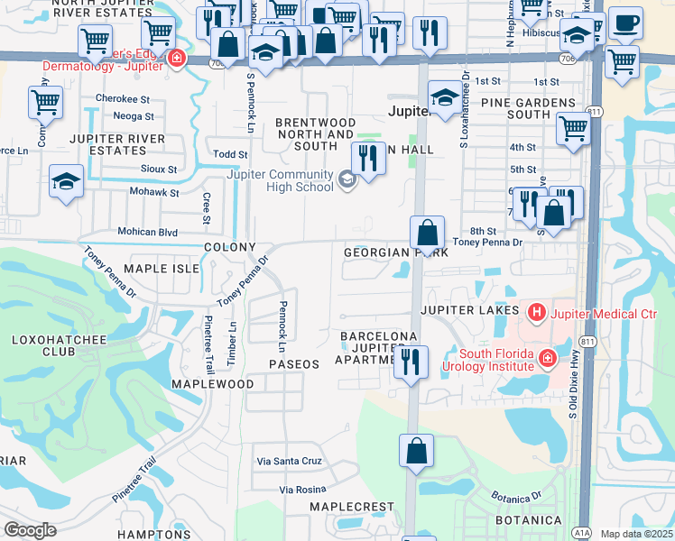 map of restaurants, bars, coffee shops, grocery stores, and more near 308 Georgian Park Drive in Jupiter