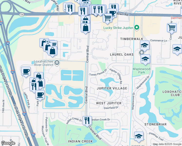 map of restaurants, bars, coffee shops, grocery stores, and more near 107 Village Circle in Jupiter