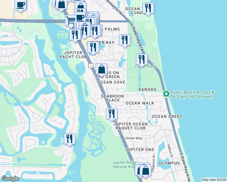 map of restaurants, bars, coffee shops, grocery stores, and more near 113 Seabreeze Circle in Jupiter