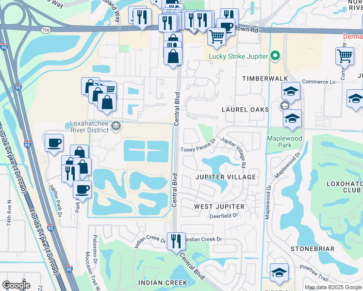 map of restaurants, bars, coffee shops, grocery stores, and more near 107 Village Circle in Jupiter
