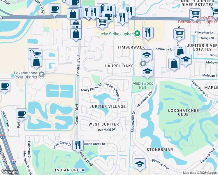 map of restaurants, bars, coffee shops, grocery stores, and more near 202 Lakewood Drive in Jupiter
