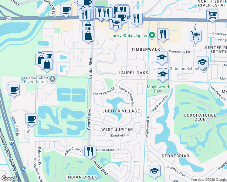 map of restaurants, bars, coffee shops, grocery stores, and more near 101 Lakewood Drive in Jupiter