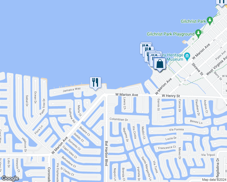 map of restaurants, bars, coffee shops, grocery stores, and more near 1600 West Marion Avenue in Punta Gorda