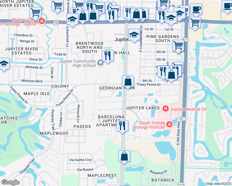 map of restaurants, bars, coffee shops, grocery stores, and more near 102 Georgian Park Drive in Jupiter