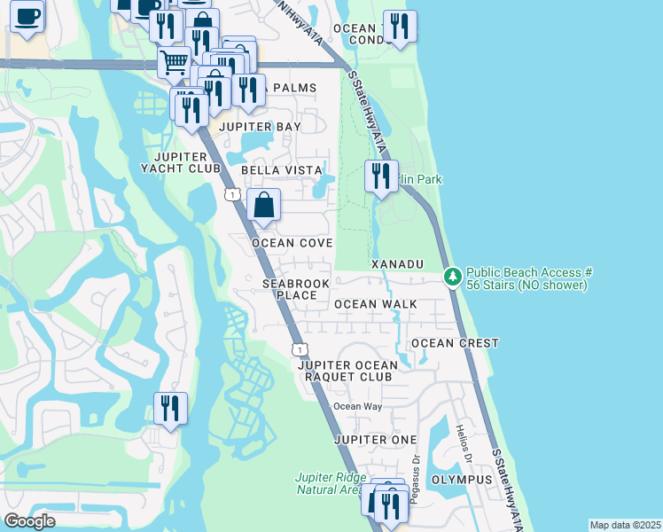 map of restaurants, bars, coffee shops, grocery stores, and more near 223 Seabreeze Circle in Jupiter