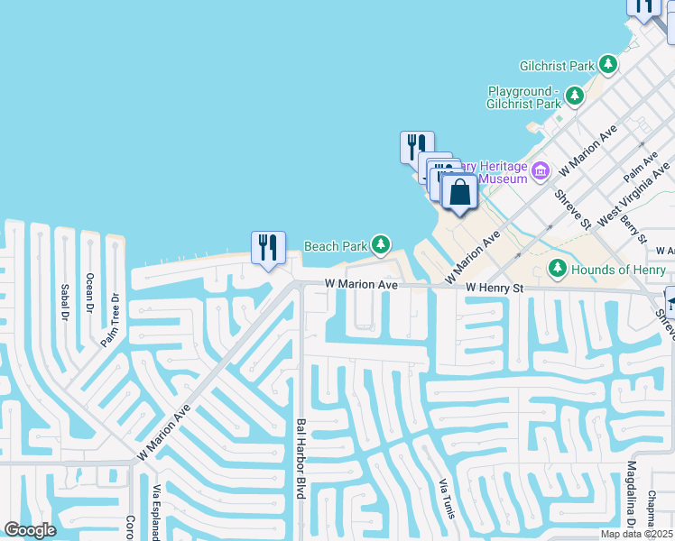 map of restaurants, bars, coffee shops, grocery stores, and more near 1601 Park Beach Circle in Punta Gorda
