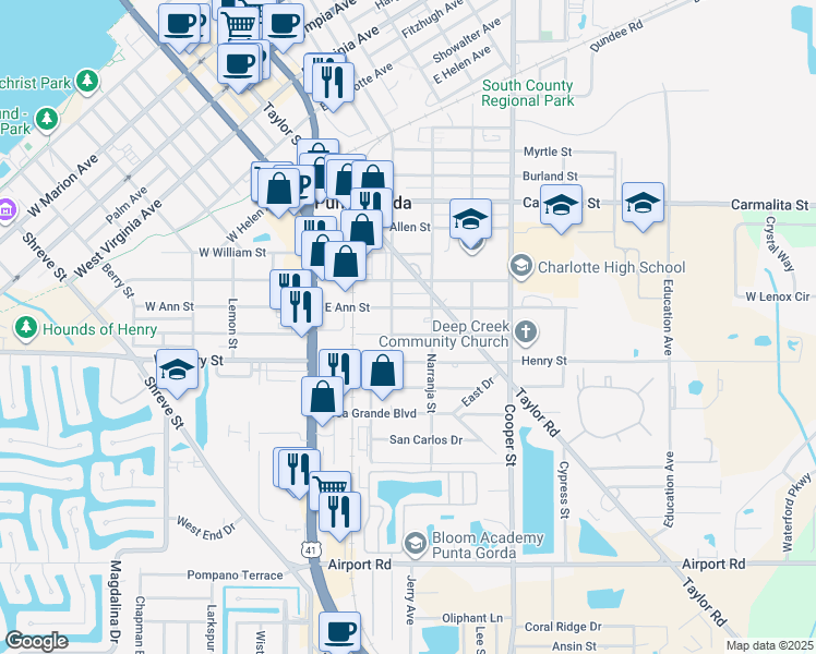 map of restaurants, bars, coffee shops, grocery stores, and more near 301 East Grace Street in Punta Gorda