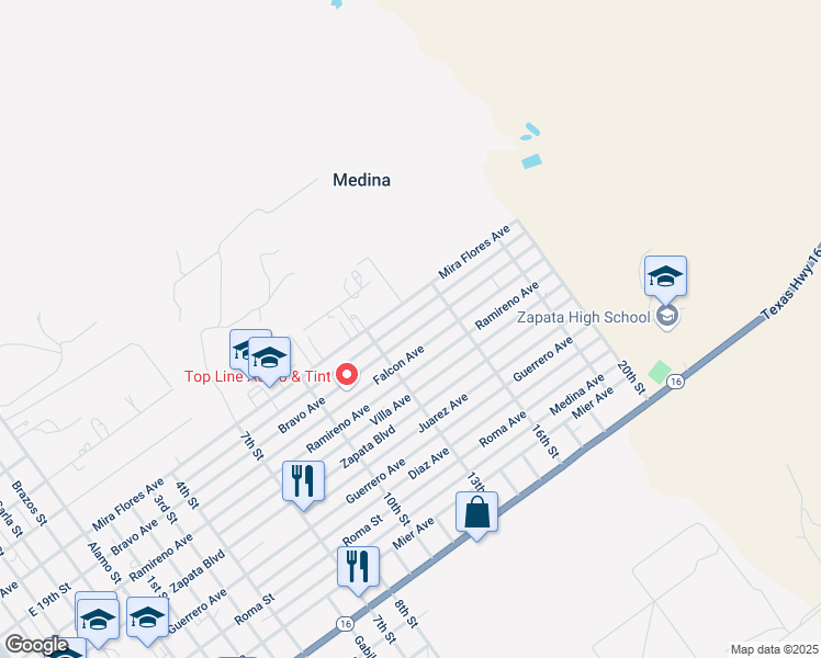 map of restaurants, bars, coffee shops, grocery stores, and more near 1301-1415 Bravo Avenue in Zapata