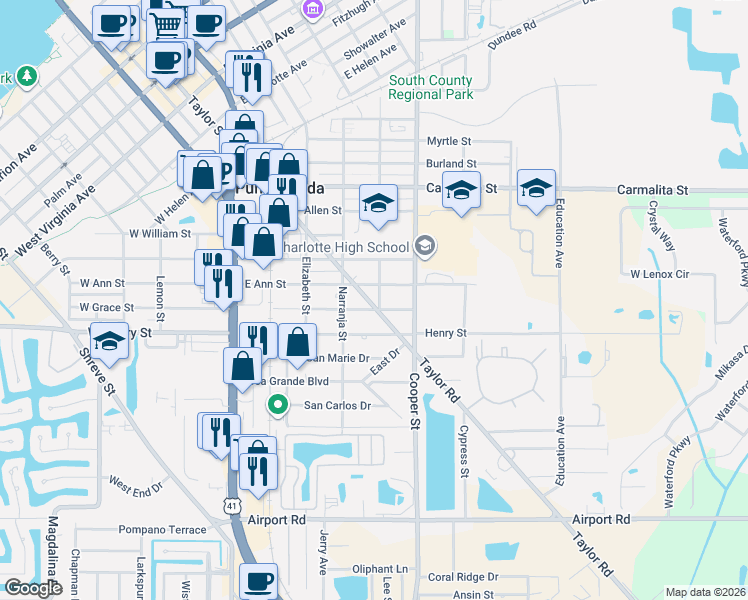 map of restaurants, bars, coffee shops, grocery stores, and more near 1501 Taylor Street in Punta Gorda