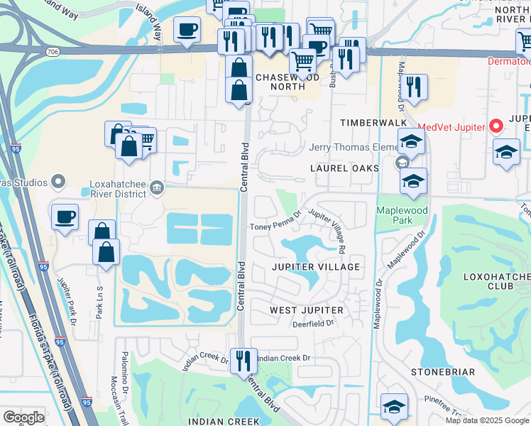 map of restaurants, bars, coffee shops, grocery stores, and more near 162 Village Circle in Jupiter