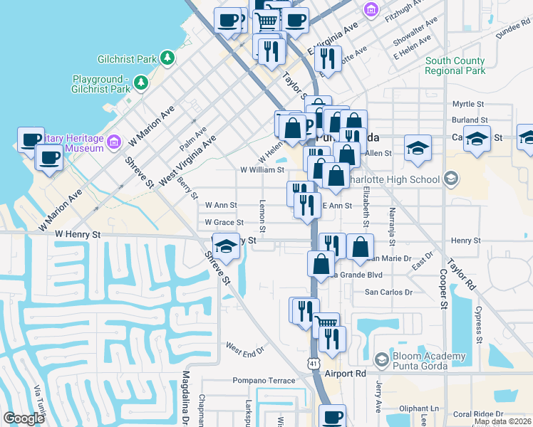 map of restaurants, bars, coffee shops, grocery stores, and more near 1406 Lemon Street in Punta Gorda