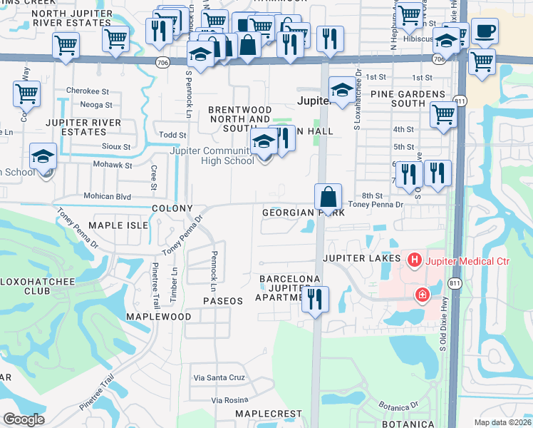 map of restaurants, bars, coffee shops, grocery stores, and more near 407 Georgian Park Drive in Jupiter