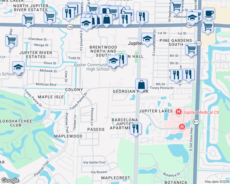 map of restaurants, bars, coffee shops, grocery stores, and more near 407 Georgian Park Drive in Jupiter