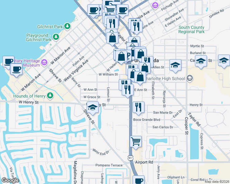 map of restaurants, bars, coffee shops, grocery stores, and more near 207 West Ann Street in Punta Gorda