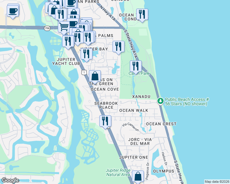 map of restaurants, bars, coffee shops, grocery stores, and more near 124 Ocean Cove Drive in Jupiter
