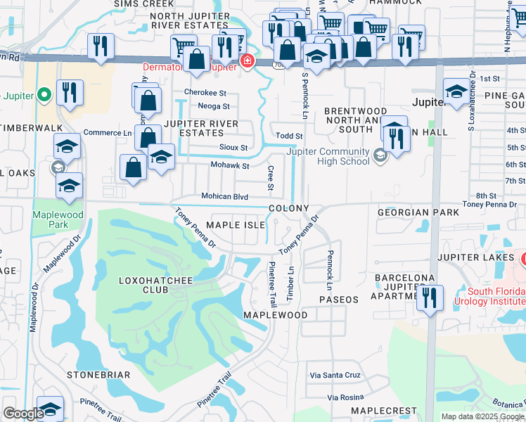 map of restaurants, bars, coffee shops, grocery stores, and more near 148 Jones Creek Drive in Jupiter