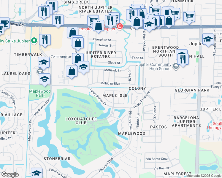 map of restaurants, bars, coffee shops, grocery stores, and more near 172 Jones Creek Drive in Jupiter