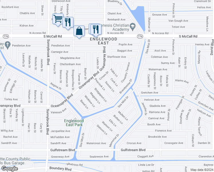 map of restaurants, bars, coffee shops, grocery stores, and more near 7183 Sussex Lane in Englewood