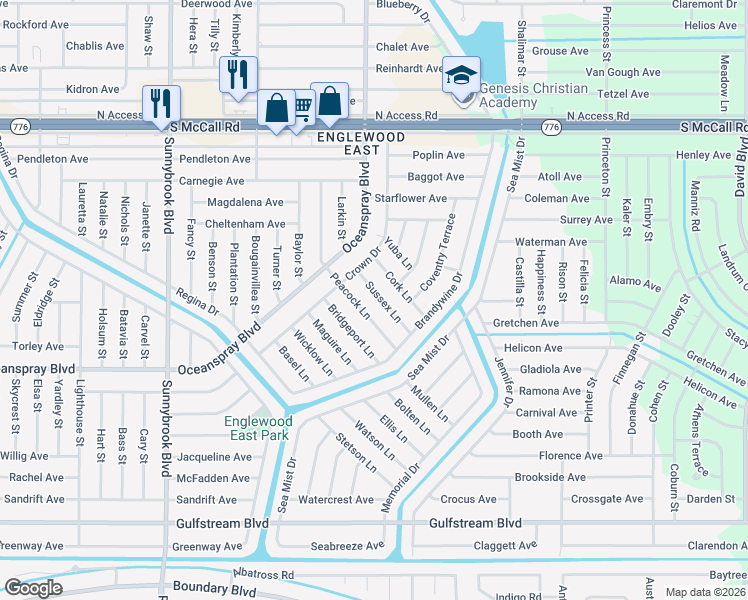 map of restaurants, bars, coffee shops, grocery stores, and more near 7176 Sussex Lane in Englewood