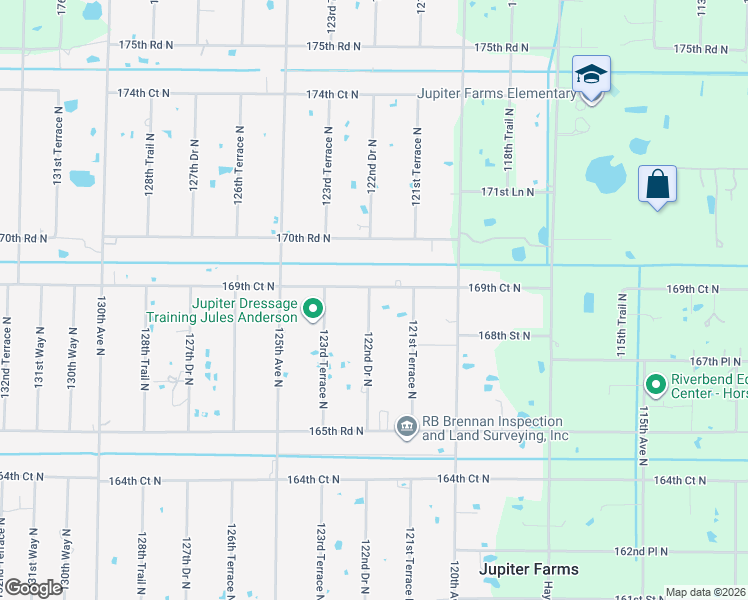 map of restaurants, bars, coffee shops, grocery stores, and more near 16890 122nd Drive North in Jupiter