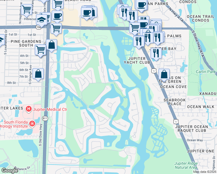 map of restaurants, bars, coffee shops, grocery stores, and more near 17016 Bay Street in Jupiter