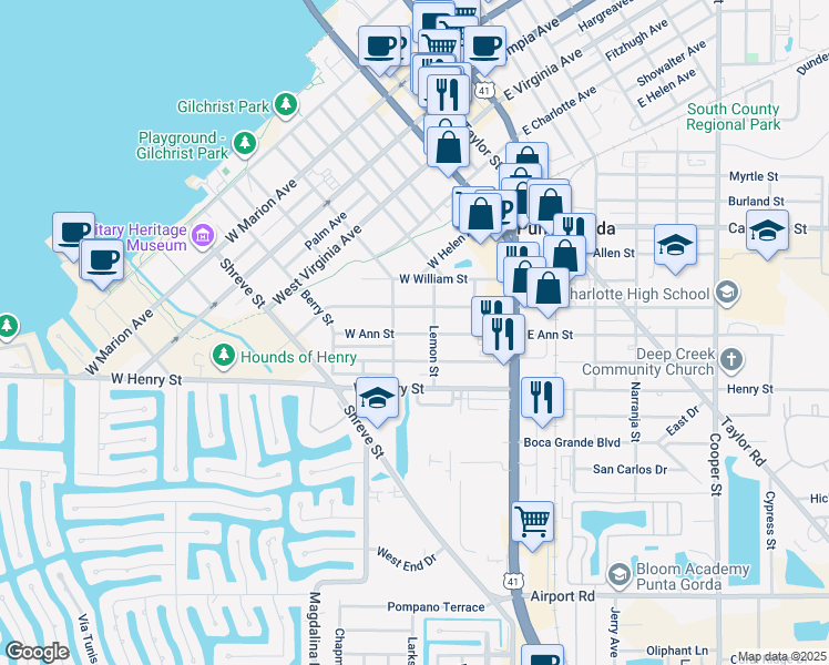 map of restaurants, bars, coffee shops, grocery stores, and more near 328 West Ann Street in Punta Gorda