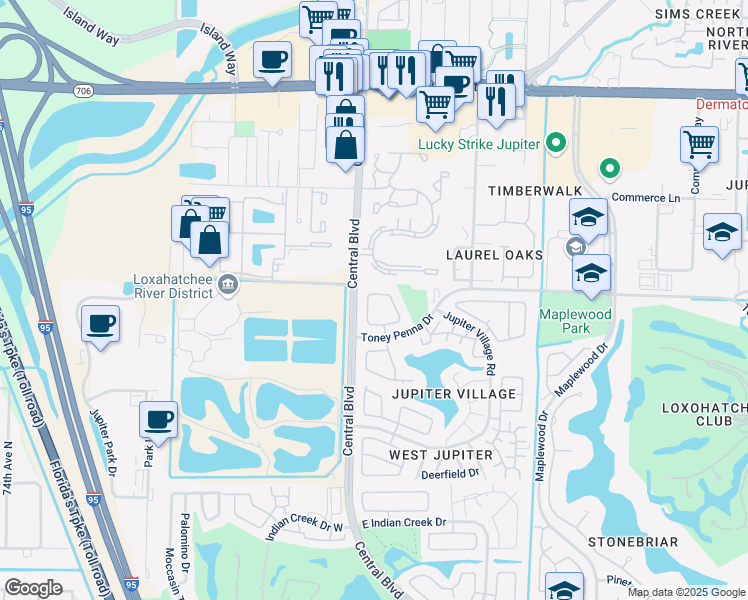 map of restaurants, bars, coffee shops, grocery stores, and more near 141 Village Circle in Jupiter