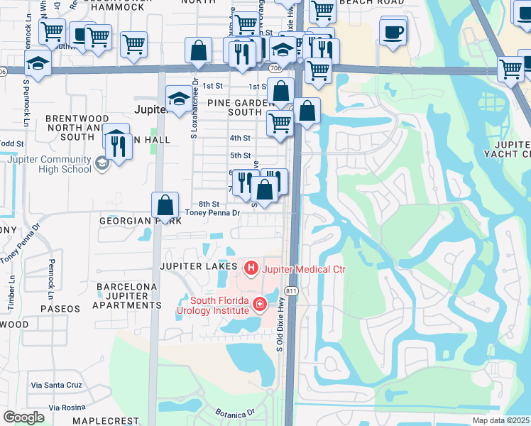 map of restaurants, bars, coffee shops, grocery stores, and more near 175 Toney Penna Drive in Jupiter