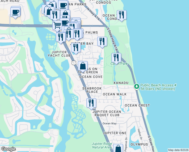 map of restaurants, bars, coffee shops, grocery stores, and more near 109 Ocean Cove Drive in Jupiter