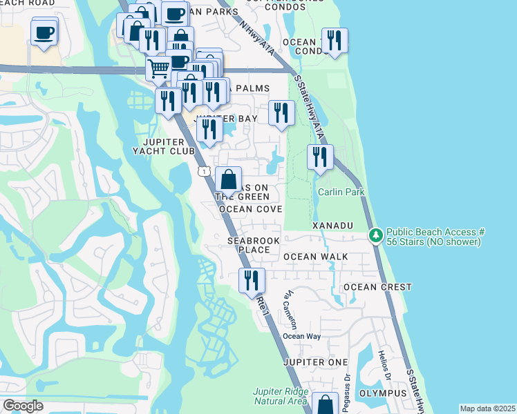 map of restaurants, bars, coffee shops, grocery stores, and more near 109 Ocean Cove Dr in Jupiter