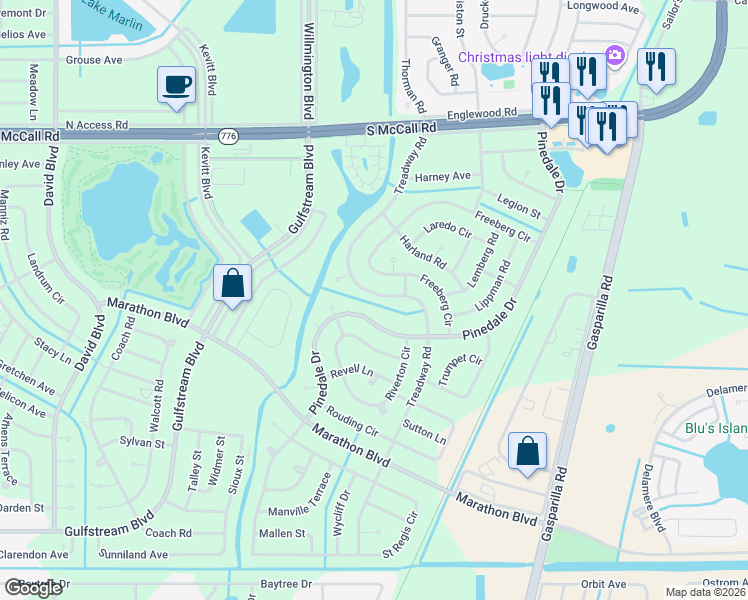 map of restaurants, bars, coffee shops, grocery stores, and more near 7206 Treadway Road in Port Charlotte