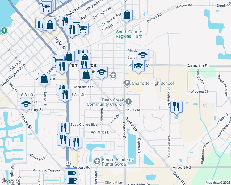map of restaurants, bars, coffee shops, grocery stores, and more near 506 East Ann Street in Punta Gorda