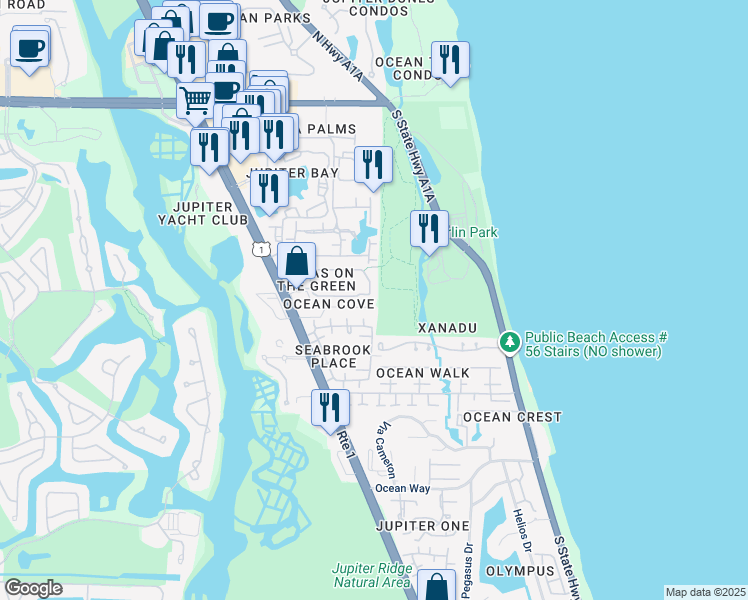 map of restaurants, bars, coffee shops, grocery stores, and more near 124 Ocean Cove Drive in Jupiter