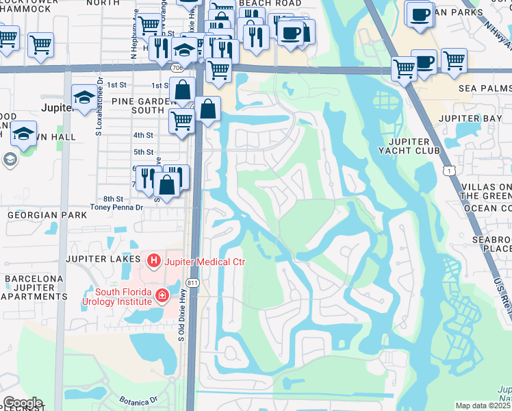 map of restaurants, bars, coffee shops, grocery stores, and more near 16992 Freshwind Circle in Jupiter