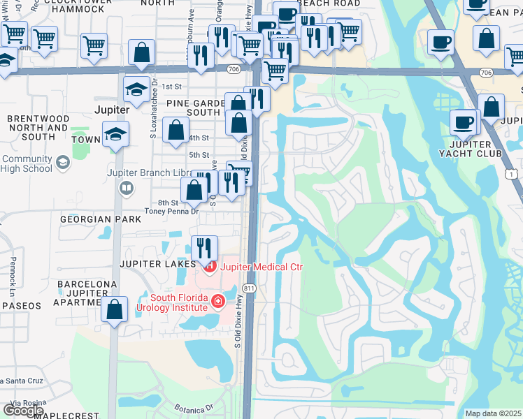 map of restaurants, bars, coffee shops, grocery stores, and more near 3970 Schooner Pointe Drive in Jupiter