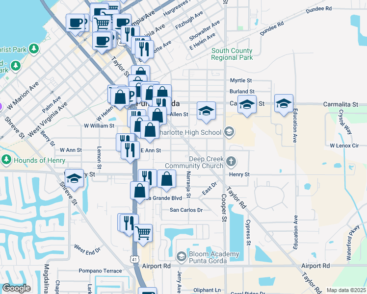 map of restaurants, bars, coffee shops, grocery stores, and more near 400 East Ann Street in Punta Gorda