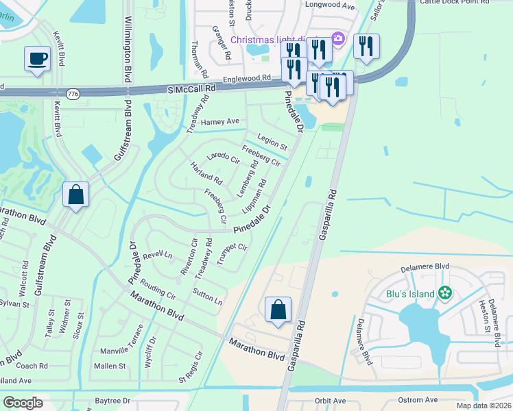 map of restaurants, bars, coffee shops, grocery stores, and more near 7152 Lippman Road in Port Charlotte