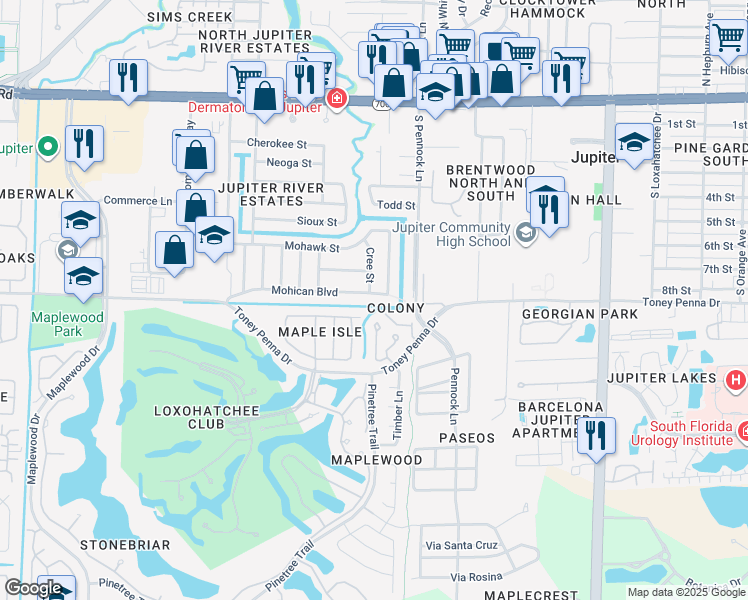 map of restaurants, bars, coffee shops, grocery stores, and more near 994 Mohican Boulevard in Jupiter