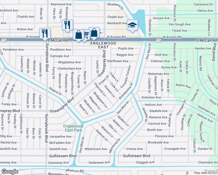 map of restaurants, bars, coffee shops, grocery stores, and more near 7176 Sussex Lane in Englewood