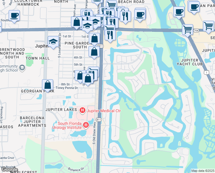 map of restaurants, bars, coffee shops, grocery stores, and more near 3970 Schooner Pointe Drive in Jupiter