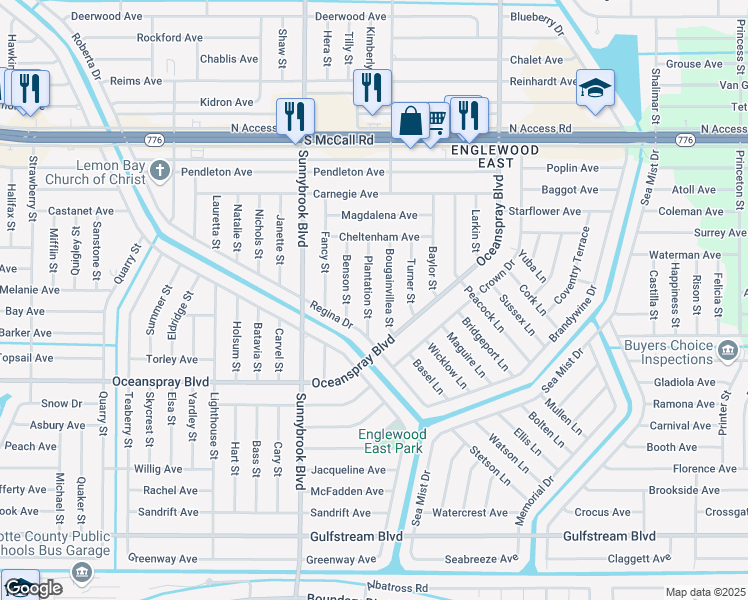 map of restaurants, bars, coffee shops, grocery stores, and more near 7154 Plantation Street in Englewood