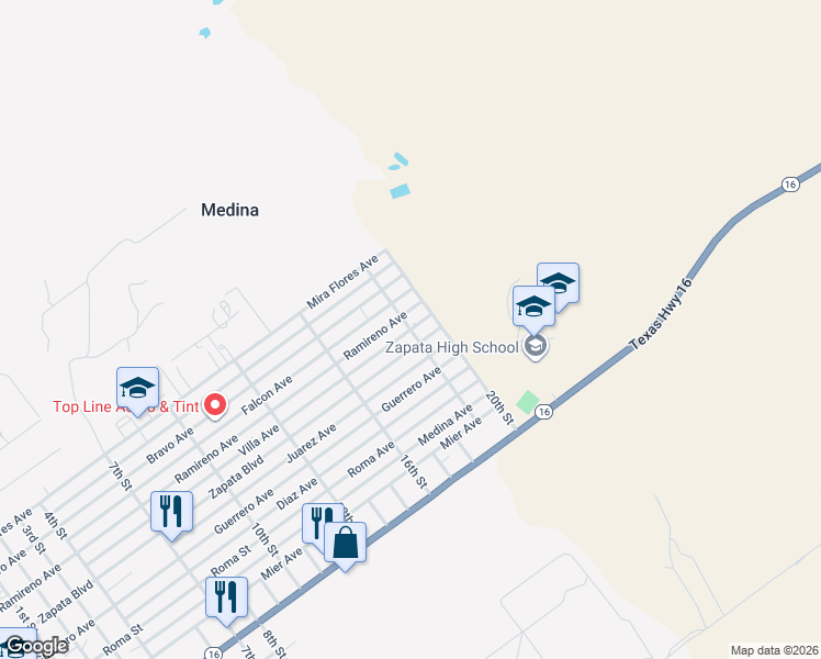 map of restaurants, bars, coffee shops, grocery stores, and more near 1900 Villa Avenue in Zapata