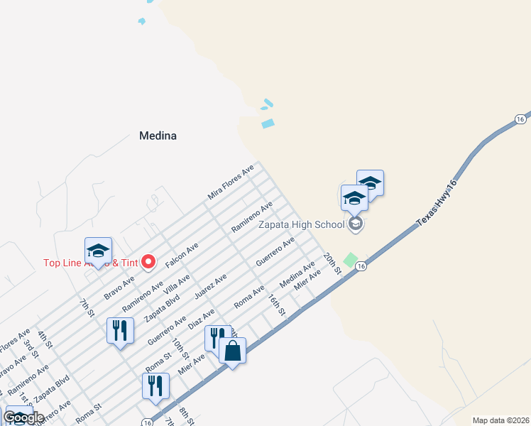 map of restaurants, bars, coffee shops, grocery stores, and more near 1900-1902 Villa Avenue in Zapata